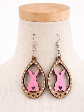 Handmade Pink Bunny Polka Dot Wooden Teardrop Dangle Earrings Easter Spring